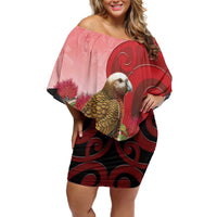 New Zealand Parrot Kaka Family Matching Off Shoulder Short Dress and Hawaiian Shirt Maori Koru With Pohutukawa Flowers LT05 Mom's Dress Red - Polynesian Pride