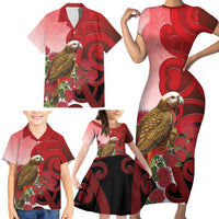 New Zealand Parrot Kaka Family Matching Short Sleeve Bodycon Dress and Hawaiian Shirt Maori Koru With Pohutukawa Flowers LT05 - Polynesian Pride