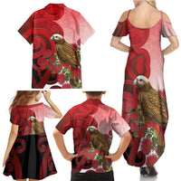 New Zealand Parrot Kaka Family Matching Summer Maxi Dress and Hawaiian Shirt Maori Koru With Pohutukawa Flowers LT05 - Polynesian Pride