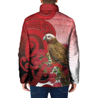 New Zealand Parrot Kaka Padded Jacket Maori Koru With Pohutukawa Flowers - Polynesian Pride