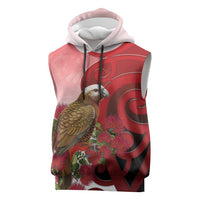 New Zealand Parrot Kaka Sleeveless Hoodie Maori Koru With Pohutukawa Flowers LT05 Red - Polynesian Pride