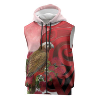 New Zealand Parrot Kaka Sleeveless Zip Hoodie Maori Koru With Pohutukawa Flowers LT05 Red - Polynesian Pride