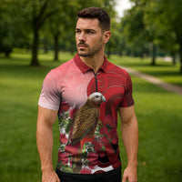 New Zealand Parrot Kaka Zipper Polo Shirt Maori Koru With Pohutukawa Flowers LT05 - Polynesian Pride