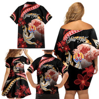 Personalised French Polynesia Victory Day Family Matching Off Shoulder Short Dress and Hawaiian Shirt Polynesian Pattern Plumeria