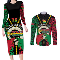 Vanuatu 46th Independence Day Couples Matching Long Sleeve Bodycon Dress and Long Sleeve Button Shirt Long God Yumi Stanap Wild Boar LT05 Black - Polynesian Pride