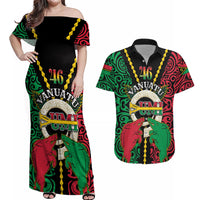 Vanuatu 46th Independence Day Couples Matching Off Shoulder Maxi Dress and Hawaiian Shirt Long God Yumi Stanap Wild Boar LT05 Black - Polynesian Pride