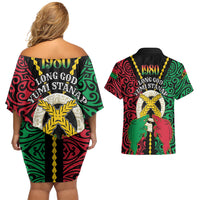 Vanuatu 46th Independence Day Couples Matching Off Shoulder Short Dress and Hawaiian Shirt Long God Yumi Stanap Wild Boar LT05 - Polynesian Pride
