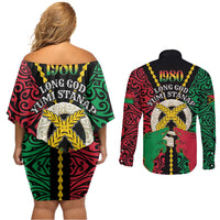 Vanuatu 46th Independence Day Couples Matching Off Shoulder Short Dress and Long Sleeve Button Shirt Long God Yumi Stanap Wild Boar LT05 - Polynesian Pride