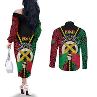 Vanuatu 46th Independence Day Couples Matching Off The Shoulder Long Sleeve Dress and Long Sleeve Button Shirt Long God Yumi Stanap Wild Boar LT05 - Polynesian Pride