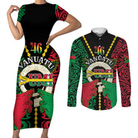 Vanuatu 46th Independence Day Couples Matching Short Sleeve Bodycon Dress and Long Sleeve Button Shirt Long God Yumi Stanap Wild Boar LT05 Black - Polynesian Pride