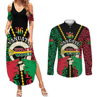 Vanuatu 46th Independence Day Couples Matching Summer Maxi Dress and Long Sleeve Button Shirt Long God Yumi Stanap Wild Boar LT05 Black - Polynesian Pride