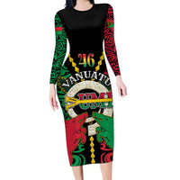 Vanuatu 46th Independence Day Family Matching Long Sleeve Bodycon Dress and Hawaiian Shirt Long God Yumi Stanap Wild Boar LT05 Mom's Dress Black - Polynesian Pride