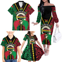 Vanuatu 46th Independence Day Family Matching Off The Shoulder Long Sleeve Dress and Hawaiian Shirt Long God Yumi Stanap Wild Boar LT05 - Polynesian Pride