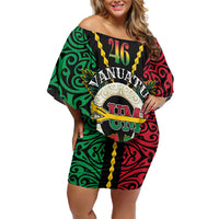Vanuatu 46th Independence Day Family Matching Off Shoulder Short Dress and Hawaiian Shirt Long God Yumi Stanap Wild Boar LT05 Mom's Dress Black - Polynesian Pride