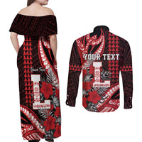 Personalized Hawaii Lahainaluna High School Couples Matching Off Shoulder Maxi Dress and Long Sleeve Button Shirt Tribal Tattoo With Hibiscus Flowers LT05 - Polynesian Pride