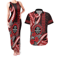 Personalized Hawaii Lahainaluna High School Couples Matching Tank Maxi Dress and Hawaiian Shirt Tribal Tattoo With Hibiscus Flowers LT05 Red - Polynesian Pride