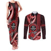 Personalized Hawaii Lahainaluna High School Couples Matching Tank Maxi Dress and Long Sleeve Button Shirt Tribal Tattoo With Hibiscus Flowers LT05 Red - Polynesian Pride