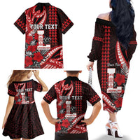 Personalized Hawaii Lahainaluna High School Family Matching Off The Shoulder Long Sleeve Dress and Hawaiian Shirt Tribal Tattoo With Hibiscus Flowers LT05 - Polynesian Pride