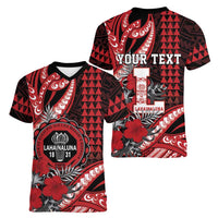 Personalized Hawaii Lahainaluna High School Women V-Neck T-Shirt Tribal Tattoo With Hibiscus Flowers LT05 - Polynesian Pride