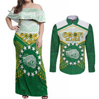 Personalised Cook Islands Ra o te Ui Ariki Couples Matching Off Shoulder Maxi Dress and Long Sleeve Button Shirt Polynesian Pattern