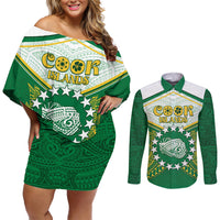 Personalised Cook Islands Ra o te Ui Ariki Couples Matching Off Shoulder Short Dress and Long Sleeve Button Shirt Polynesian Pattern
