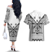 White Philippines Sun Star Couples Matching Off The Shoulder Long Sleeve Dress and Hawaiian Shirt Igorot Tribal Inspiration