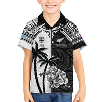 Custom New Zealand And Fiji Rugby 2024 Family Matching Puletasi and Hawaiian Shirt Maori Kiwi With Fijian Palm Tree LT05 Son's Shirt Black - Polynesian Pride