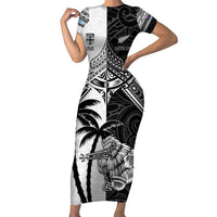 Custom New Zealand And Fiji Rugby 2024 Family Matching Short Sleeve Bodycon Dress and Hawaiian Shirt Maori Kiwi With Fijian Palm Tree LT05 Mom's Dress Black - Polynesian Pride