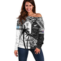 Custom New Zealand And Fiji Rugby 2024 Off Shoulder Sweater Maori Kiwi With Fijian Palm Tree LT05 Women Black - Polynesian Pride