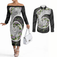Piko Hawaii Couples Matching Off The Shoulder Long Sleeve Dress and Long Sleeve Button Shirt Polynesian Pattern With Maile Pikake Honohono Lei