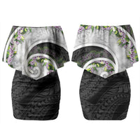 Piko Hawaii Family Matching Off Shoulder Short Dress and Hawaiian Shirt Polynesian Pattern With Maile Pikake Honohono Lei