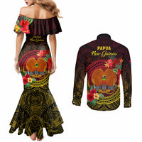 Papua New Guinea Couples Matching Mermaid Dress and Long Sleeve Button Shirts Coat Of Arms Tropical Flowers Polynesian Pattern LT05 - Polynesian Pride