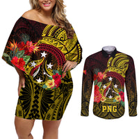 Papua New Guinea Couples Matching Off Shoulder Short Dress and Long Sleeve Button Shirts Coat Of Arms Tropical Flowers Polynesian Pattern LT05 Yellow - Polynesian Pride