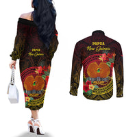 Papua New Guinea Couples Matching Off The Shoulder Long Sleeve Dress and Long Sleeve Button Shirts Coat Of Arms Tropical Flowers Polynesian Pattern LT05 - Polynesian Pride