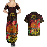 Papua New Guinea Couples Matching Summer Maxi Dress and Hawaiian Shirt Coat Of Arms Tropical Flowers Polynesian Pattern LT05 - Polynesian Pride