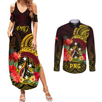 Papua New Guinea Couples Matching Summer Maxi Dress and Long Sleeve Button Shirts Coat Of Arms Tropical Flowers Polynesian Pattern LT05 Yellow - Polynesian Pride