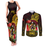 Papua New Guinea Couples Matching Tank Maxi Dress and Long Sleeve Button Shirts Coat Of Arms Tropical Flowers Polynesian Pattern LT05 Yellow - Polynesian Pride