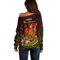 Papua New Guinea Off Shoulder Sweater Coat Of Arms Tropical Flowers Polynesian Pattern LT05 - Polynesian Pride