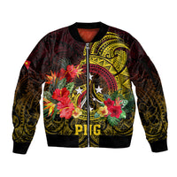 Papua New Guinea Sleeve Zip Bomber Jacket Coat Of Arms Tropical Flowers Polynesian Pattern LT05 Unisex Yellow - Polynesian Pride