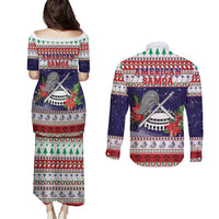American Samoa Christmas Couples Matching Puletasi and Long Sleeve Button Shirt Poinsettia La Maunia Le Kilisimasi