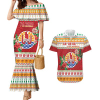 French Polynesia Christmas Couples Matching Mermaid Dress and Hawaiian Shirt Coat Of Arms Merry Xmas LT05 Red - Polynesian Pride