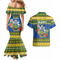 Solomon Islands Christmas Couples Matching Mermaid Dress and Hawaiian Shirt Coat Of Arms Merry Xmas