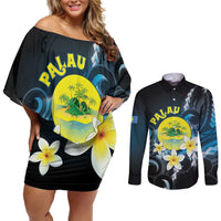 Palau United Nations Day Couples Matching Off Shoulder Short Dress and Long Sleeve Button Shirt Polynesian Curves Plumeria - Polynesian Pride