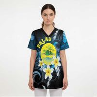 Palau United Nations Day Scrub Top Polynesian Curves Plumeria - Polynesian Pride