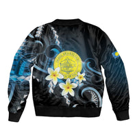 Palau United Nations Day Sleeve Zip Bomber Jacket Polynesian Curves Plumeria - Polynesian Pride