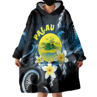 Palau United Nations Day Wearable Blanket Hoodie Polynesian Curves Plumeria - Polynesian Pride