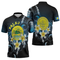 Palau United Nations Day Zipper Polo Shirt Polynesian Curves Plumeria - Polynesian Pride