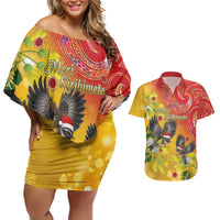 New Zealand Piwakawaka Christmas Couples Matching Off Shoulder Short Dress and Hawaiian Shirt With Maori Pattern LT05 Yellow - Polynesian Pride