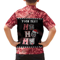 Personalised New Zealand Tiki Christmas Family Matching Long Sleeve Bodycon Dress and Hawaiian Shirt Ho Ho Ho Paua Shell Glitter Red LT05 - Polynesian Pride
