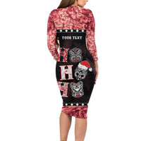 Personalised New Zealand Tiki Christmas Long Sleeve Bodycon Dress Ho Ho Ho Paua Shell Glitter Red LT05 - Polynesian Pride